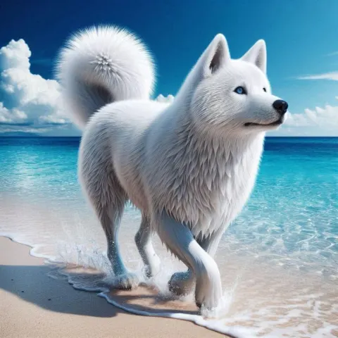 Hyper Realistic White Dog on Beach