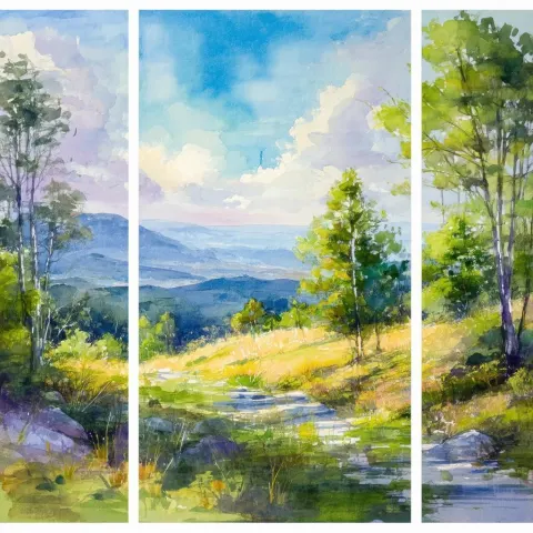 Gouache Triptych of Translucent Natural Landscapes