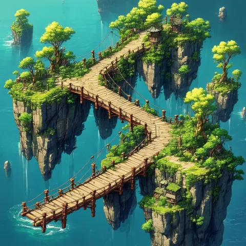 Isometric Floating Islands With Wooden Suspension Bridges