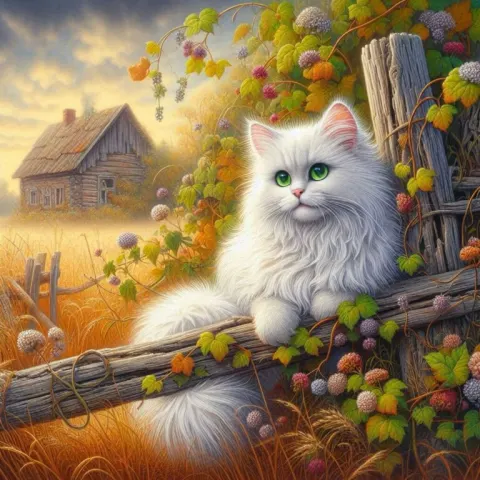 Whimsical Fluffy Cat on Broken Fence