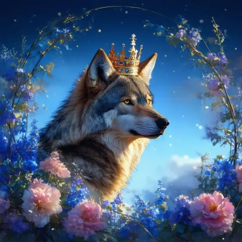 Crowned Golden Wolf in a Floral Frame