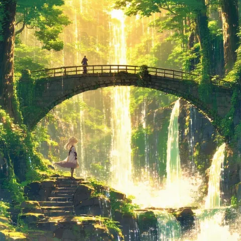 Manga Waterfall Forest With a Blonde Explorer