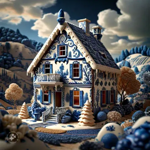 Gingerbread House Surrounded by Colorful Clouds
