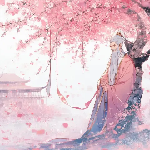 Serene Wise Man Beneath Cherry Blossom Canopy