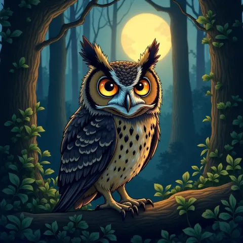 Manga Owl With Expressive Eyes in Moonlit Forest