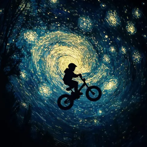 Child Riding Flying Bicycle Under Starry Night