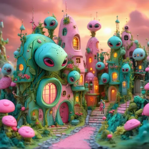 Claymation Alien City Bathed in Golden Hour