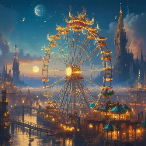 Enchanted Ferris Wheel Rising Over Otherworldly City