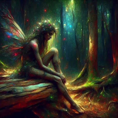 Introspective Wood Nymph in Magic Forest