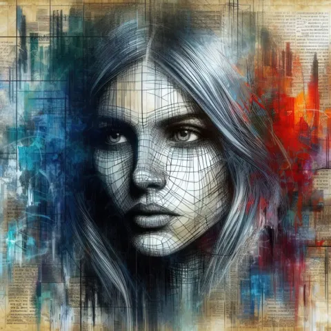 Wireframe Mixed Media Portrait of Woman With Blue Eyes