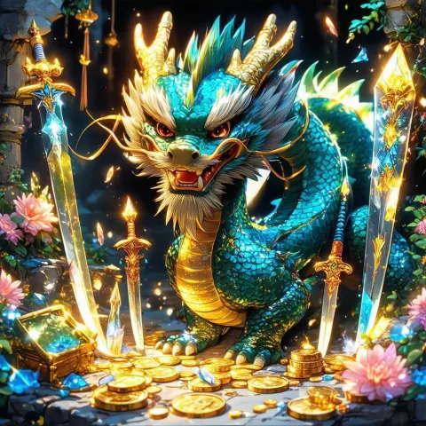Kind Dragon Guarding Swords Crystals and Treasure