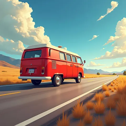 Red Camper Cruising in Sunny Anime Key Visual