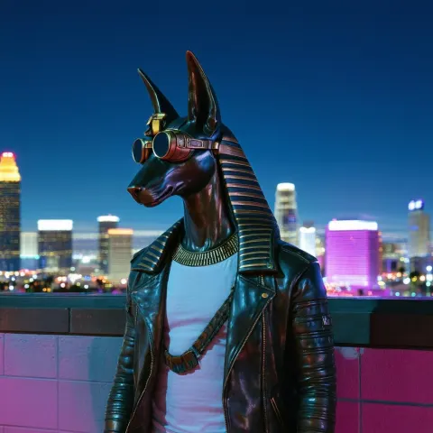 Anubis Statue in Leather Jacket Over Neon LA