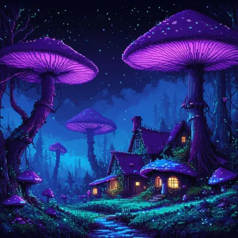 Glowing Mushroom Village Under Magenta Alien Trees