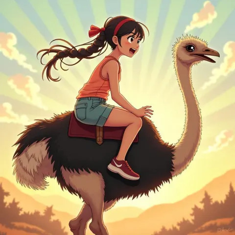Joyful Girl Riding an Ostrich in Anime