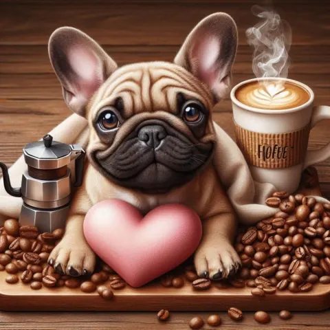 Funny French Bulldog with Heart and Coffee