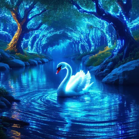 Golden Lit Neon Swan on Digital Ripples