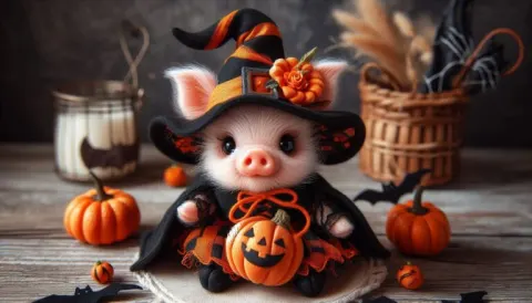 Whimsical Piglet in Halloween Witch Costume