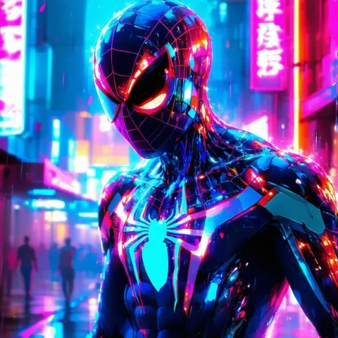 Cybernetic Spider Man Amid Glowing Neon Signs