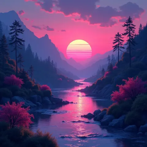 Vaporwave Sunset Over Electric Neon Mountains
