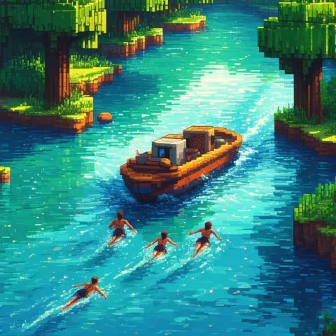 Joyful Swimmers in a Golden Pixel River