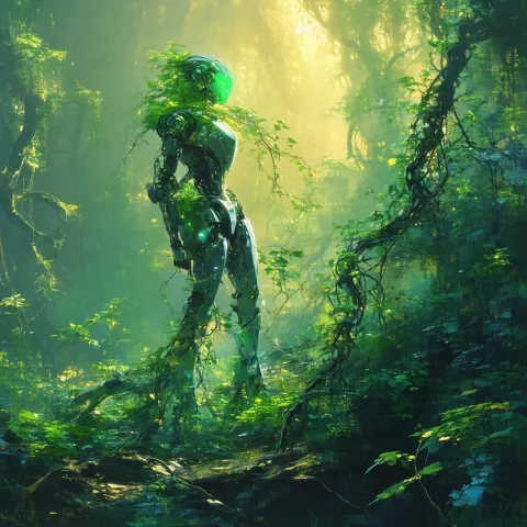 Vine Entwined Robot in Golden Digital Twilight