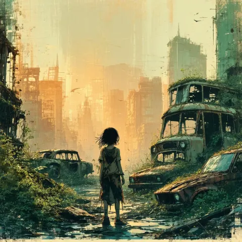 Determined Girl in an Overgrown Retro City