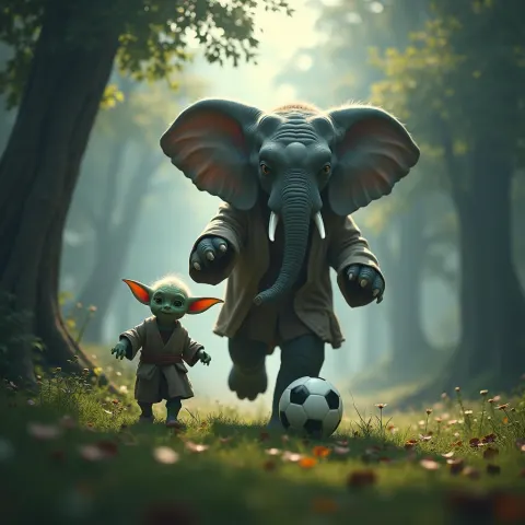 Yoda and Elephant Playing Soccer in Mythic Forest