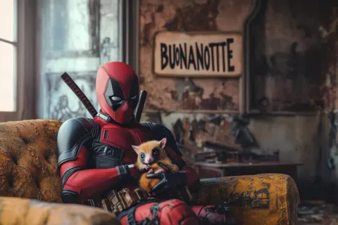 Deadpool with Baby Opossum in Gothic Room