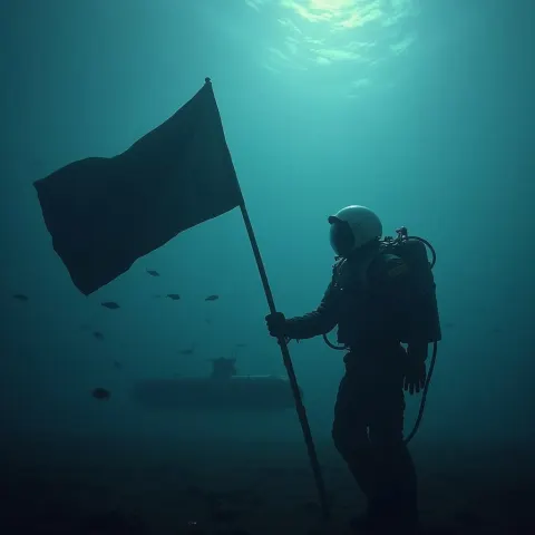 Astronaut Planting a Flag in Submerged Desert
