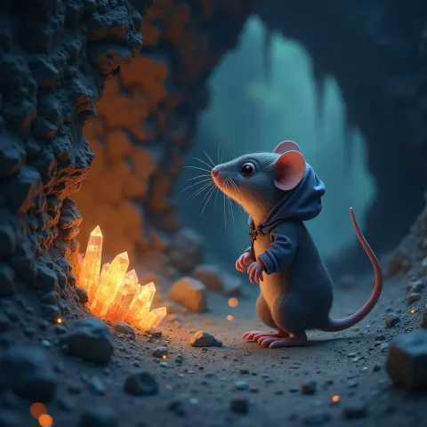 Tiny Hooded Mouse Among Glowing Cavern Crystals
