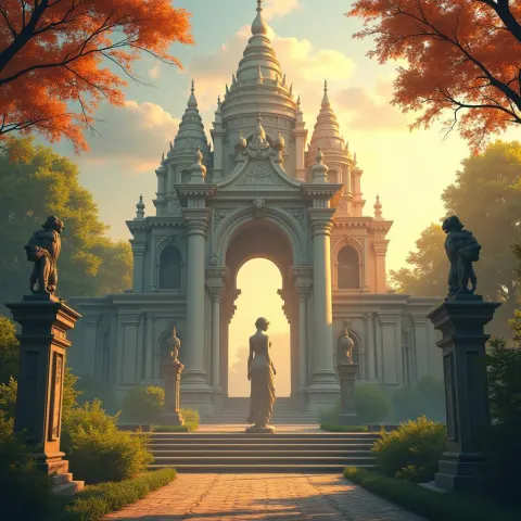 Serene Temple Statue Dance in Golden Animation