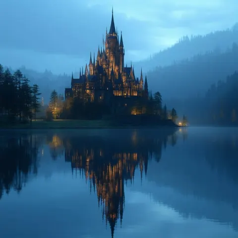 Gothic Castle at Dusk Mirrored in Mist