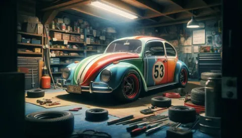 Vibrant Volkswagen Beetle in Cluttered Garage