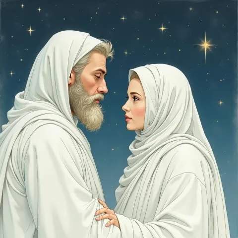 Two White Robed Figures Under Starry Ink Sky