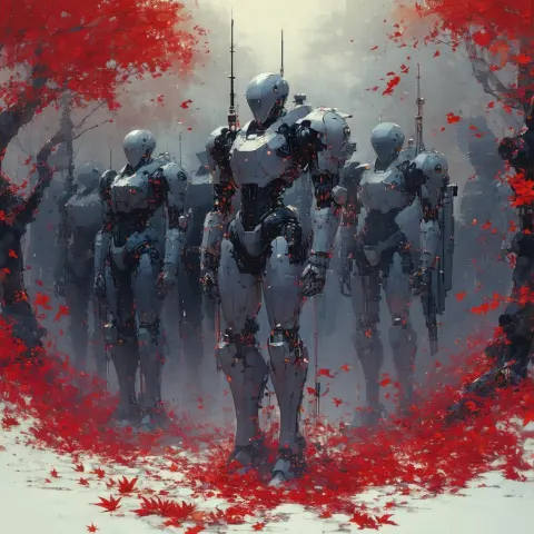 Silent Manga Robots Among Swirling Red Leaves