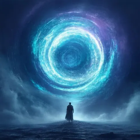 Daring Figure Before a Swirling Vivid Portal