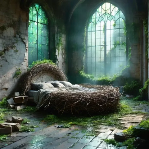 Ruined Fantasy Bedroom With Bird Nest Bed