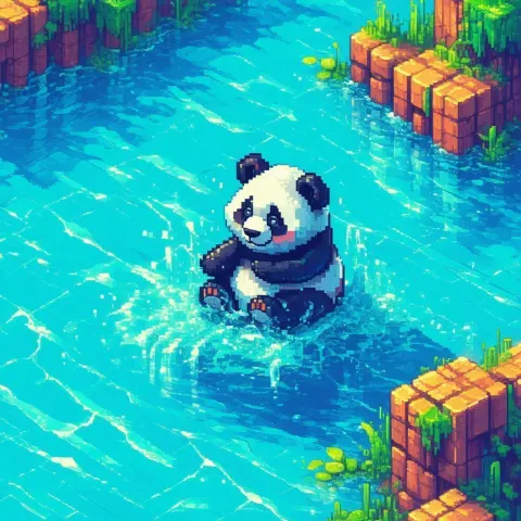 Playful Pixel Panda Made of Water