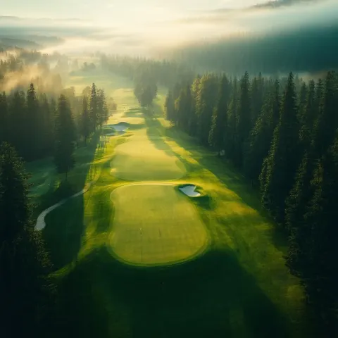 Misty Aerial Vista of a Golden Golf Course