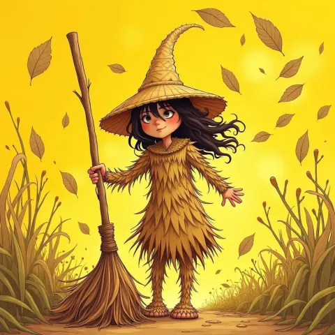 Manga Straw Figure Sweeping Swirling Golden Leaves