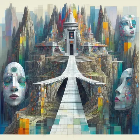 Cubist Vaporwave Bridge to a Cybernetic Temple