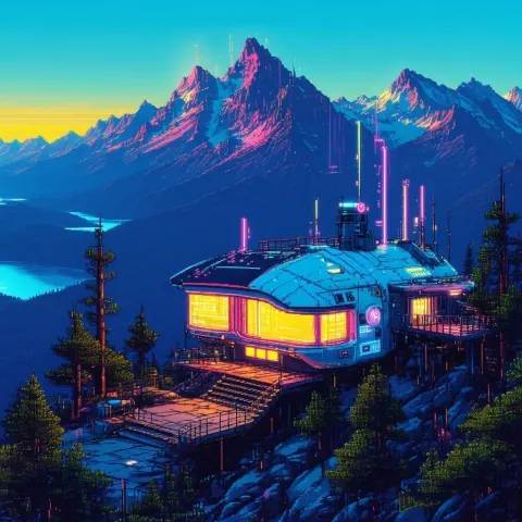 Retro Futuristic Cabin Above a Cyber Ocean