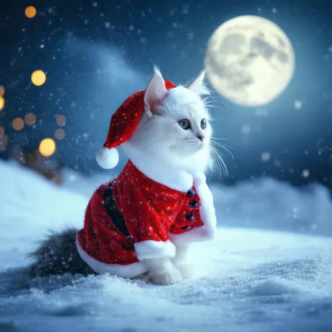 Celestial Santa Cat on Moonlit Snow