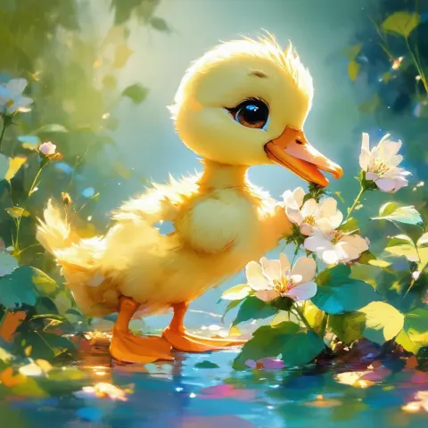 Cute Anime Duck Picking a Delicate Flower