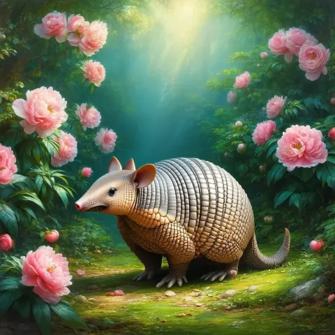 Armadillo Wandering a Lush Peony Garden
