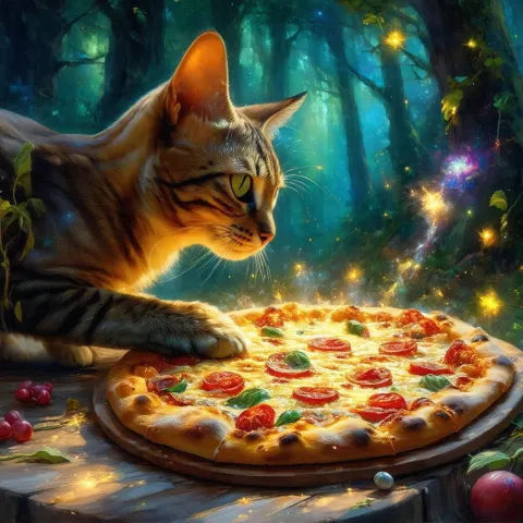 Magical Cat Pizza in Enchanted Forest Glow