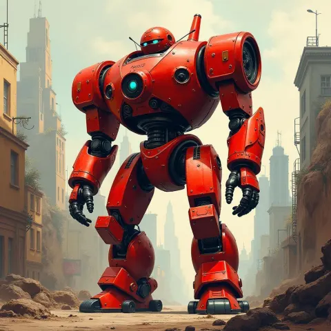 Red Steampunk Robot in Bold Gouache City