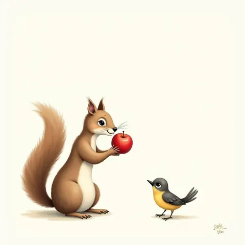 Watercolor Squirrel Offering an Apple to Bird