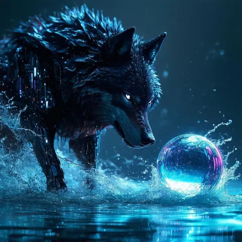 Cyberpunk Wolf Hurling a Glowing Water Ball